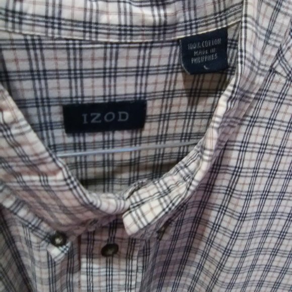 Izod Men's Long Sleeve Button Down Shirt Color Tan/Blue Plaid Size Large - Picture 4 of 5